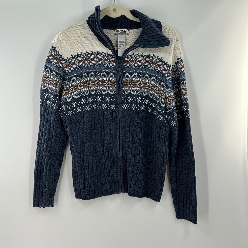 Tiara International Fair Isle Full Zip Sweater Blue Cream Ramie L Y2K Cozy
